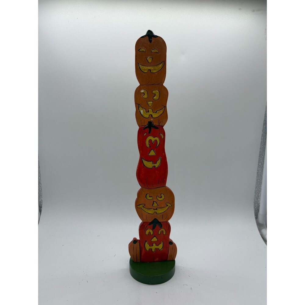 Wooden Pumpkin Stack Halloween Decor Fall Jack-O-Lantern Carved Figurine 11"
